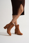 Women's Tan Neolite Sole Suede Look Zippered Thick Heeled Boots
