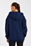 Navy Blue 3-Thread Kangaroo Pocket Hooded Zippered Fleece Lined Oversize Women's Sweatshirt Cardigan - 6