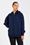 Navy Blue 3-Thread Kangaroo Pocket Hooded Zippered Fleece Lined Oversize Women's Sweatshirt Cardigan - 2