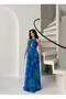 Blue Patterned Halter Neck Design Chiffon Evening Dress - 5