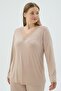 Women's Plus Size V-Neck Lace Detail Long Sleeve Beige Pajama Set C5T5N371 - 2