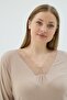 Women's Plus Size V-Neck Lace Detail Long Sleeve Beige Pajama Set C5T5N371 - 3