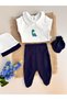 Navy Blue Dinosaur Embroidered Newborn Set (Body, Pants, Beanie, Gloves) - 2