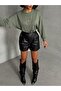 Two Button Pleated Faux Leather Shorts - 3