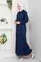 Women's Buttoned Ribbed Detailed Jeans Navy Blue Long Cap with Pockets - 2