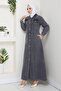 Women's Pocketed Buttoned Rib Knit-Detail Denim Black Long Coat