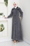Women's Pocketed Buttoned Rib Knit-Detail Denim Black Long Coat - 3