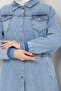 Women's Buttoned Ribbed Detailed Jeans Blue Long Cap with Pockets - 5