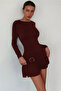 Ring accessory detailed gathered long sleeve dress 9127 - 2