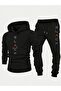 Men's Black Printed Oversize 3 Thread Hooded Tracksuit Set