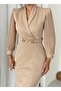 Women's Pleated Sleeve Evening & Wedding Dress with Gold Belt
