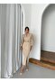 Women's Pleated Sleeve Evening & Wedding Dress with Gold Belt - 2