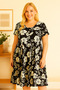 Women's Plus Size Patterned Wide Collar Hem Flounced Short Sleeve Midi Length Woven Dress