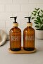 طقم موزع صابون سائل مزدوج من الزجاج الكهرماني سعة 500 مل مع قاعدة من الخيزران