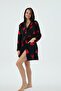 Women's Black Red Heart Patterned Fleece Short Dressing Gown C1T0N371 - 3