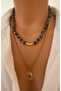 * 2 Pendants * Natural Stone Black Sphere Variscite Steel Chain Gold Plated Women's Pendant in Special Gift Box - 2