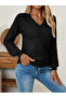 Women's Black Knitwear Sweater V-Neck Lace-Like Knit Patterned Stylish Long Sleeve - 2