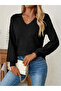 Women's Black Knitwear Sweater V-Neck Lace-Like Knit Patterned Stylish Long Sleeve