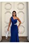 Flexible scuba fabric front stone detailed evening dress 583324 cobalt blue - 4
