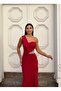 Flexible Scuba Fabric Front Stone Detailed Evening Dress 583324 Red - 2