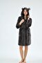 Women's Hooded Ear Detailed Pocketed Belted Black Dressing Gown C4T1N071 - 5