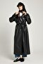 Women's Black Oversize Unlined Full Length Leather Trench 30022 - 7