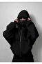 Stargirl Mask Detailed Oversize Zippered Black Unisex Hooded Cardigan - 3