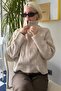 Beige Knitted Patterned Zippered Collar Women's Knitwear Sweater Mg2546 - 5
