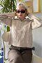 Beige Knitted Patterned Zippered Collar Women's Knitwear Sweater Mg2546 - 2