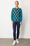 Women's Polo Neck Front Checkered Wool Sweater A.Petrol - 4