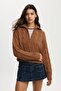Brown Knitted Patterned Zippered Collar Women's Knitwear Sweater Mg2546 - 2