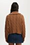 Brown Knitted Patterned Zippered Collar Women's Knitwear Sweater Mg2546 - 5