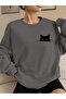 Smoked Oversize Wide Fit 3 Thread Raised Sweatshirt – Crew Neck Cat Printed Thick Sweatshirt