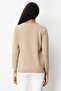 Women's Crew Neck Pocket and Collar Crocheted Wool Sweater Beige - 3