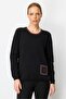 Women's Crew Neck Pocket and Collar Crocheted Wool Sweater Black