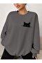 Smoked Oversize Wide Fit 3 Thread Raised Sweatshirt – Crew Neck Cat Printed Thick Sweatshirt - 3