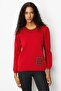 Women's Crew Neck Pocket and Collar Crocheted Wool Sweater Dark Red - 2