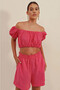 Women's Dark Pink Carmen Neckline Gathered Waist Ruffled Strapless Blouse Hzl23S-Bd104811