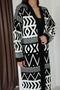 V-Neck Off-The-Shoulder Long-Sleeved Geometric-Shaped Jacquard Midi Below-The-Knee Length Thick Winter Knitwear Cardigan - 3