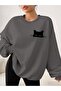 Smoked Oversize Wide Fit 3 Thread Raised Sweatshirt – Crew Neck Cat Printed Thick Sweatshirt - 2