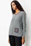 Women's Crew Neck Pocket and Collar Crocheted Wool Sweater Smoked - 5
