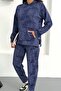 Women's Tie-Dye Patterned Hooded Modal Set with Kangaroo Pocket and Snap Detail