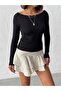Women's Black Boat Neck Combed Modal Ribbed Stretchy Blouse - 4