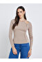 Brown Ribbed Knit Top with Cut-Out Detail - 3