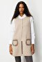 Women's Crew Neck Pocket Crochet Long Wool Vest K.Beige - 2