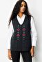 Women's V-Neck Embroidered Short Wool Vest Black