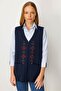 Women's V-Neck Embroidered Short Wool Vest Dark Blue - 4