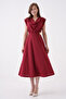 Burgundy Stretch Crepe Fabric Detachable Collar Shoulder Padding Detail Flared Midi Evening Dress 77129 - 6