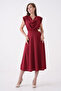Burgundy Stretch Crepe Fabric Detachable Collar Shoulder Padding Detail Flared Midi Evening Dress 77129 - 7