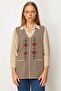 Women's V-Neck Embroidered Short Wool Vest K.Beige - 4